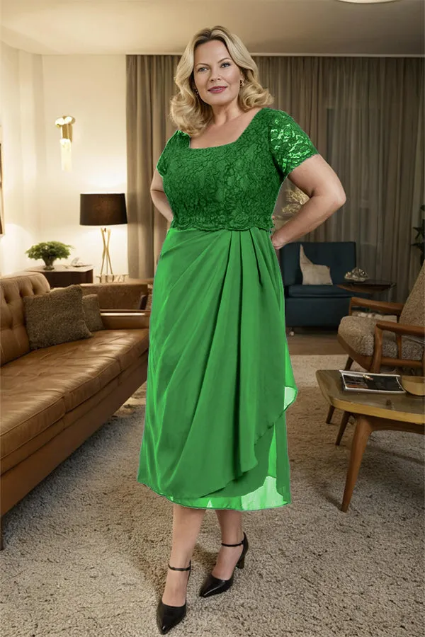 Classic Short Sleeves Ruched Tea Length Mother of the Bride Dress