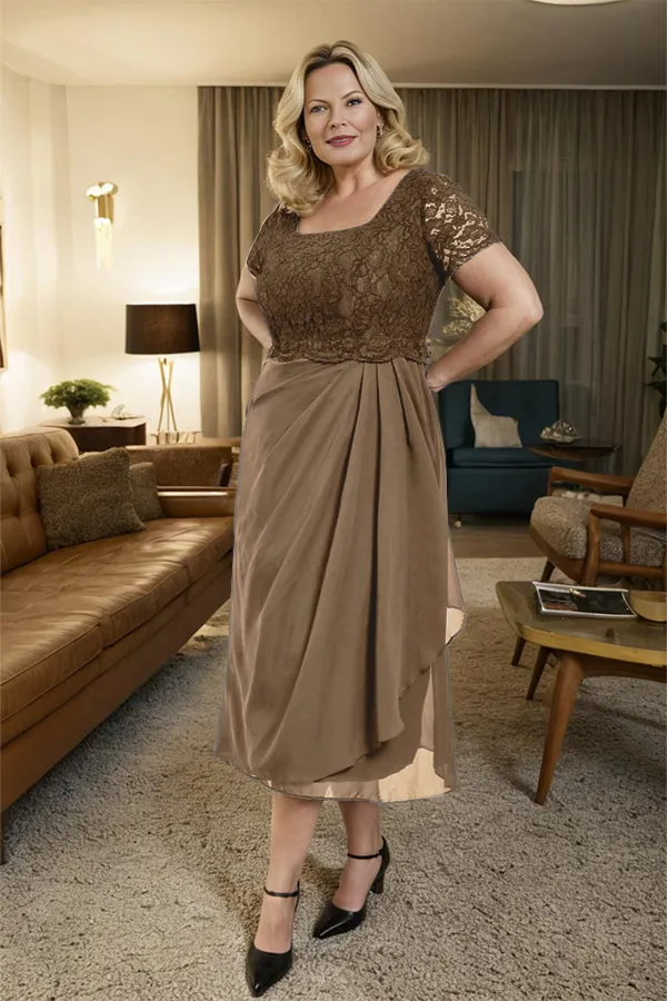 Classic Short Sleeves Ruched Tea Length Mother of the Bride Dress