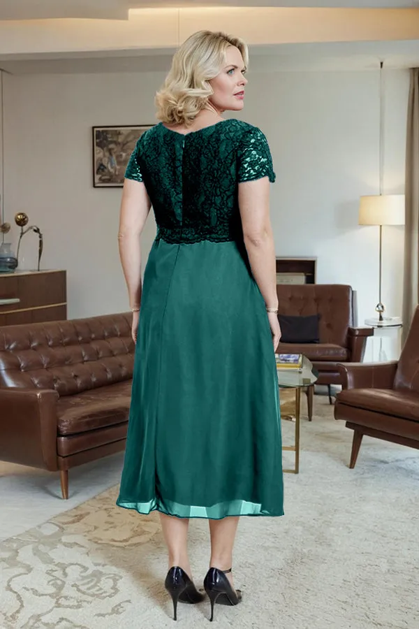 Classic Short Sleeves Ruched Tea Length Mother of the Bride Dress