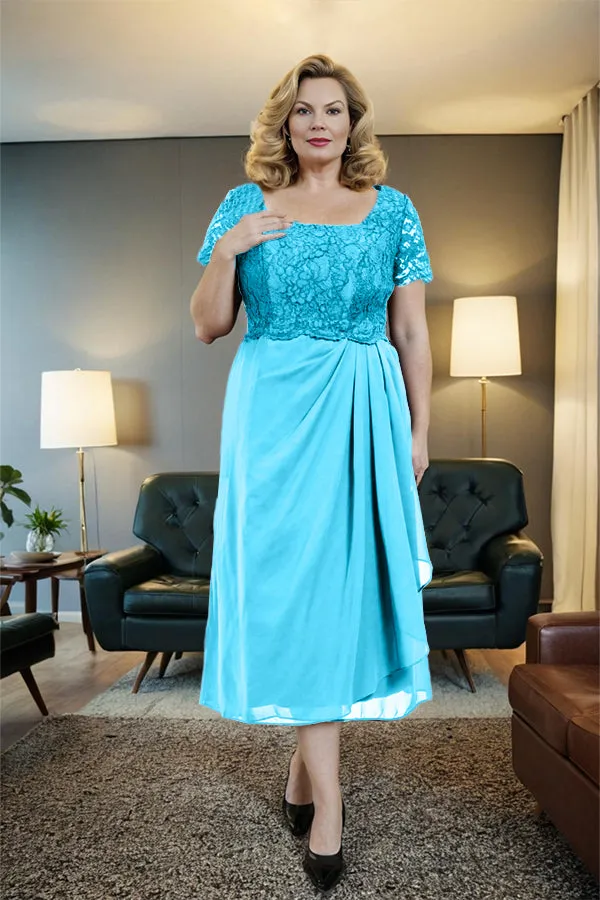 Classic Short Sleeves Ruched Tea Length Mother of the Bride Dress