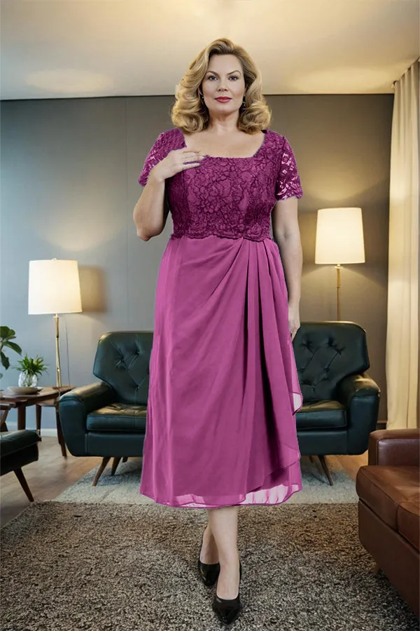Classic Short Sleeves Ruched Tea Length Mother of the Bride Dress