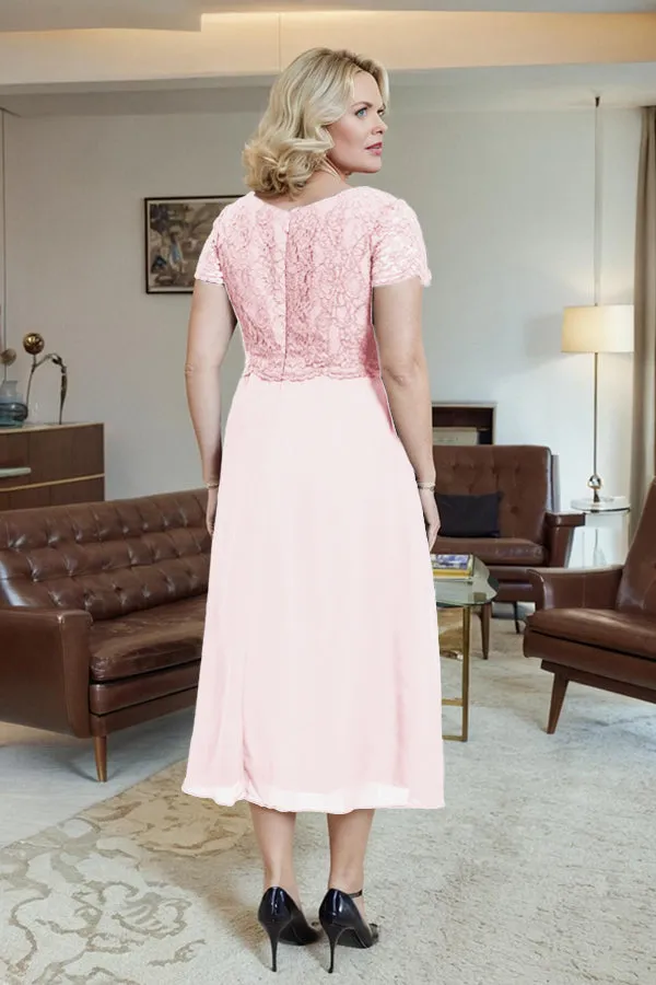 Classic Short Sleeves Ruched Tea Length Mother of the Bride Dress