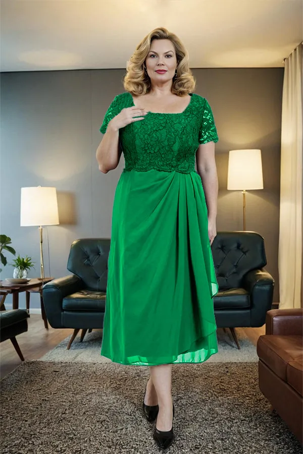 Classic Short Sleeves Ruched Tea Length Mother of the Bride Dress