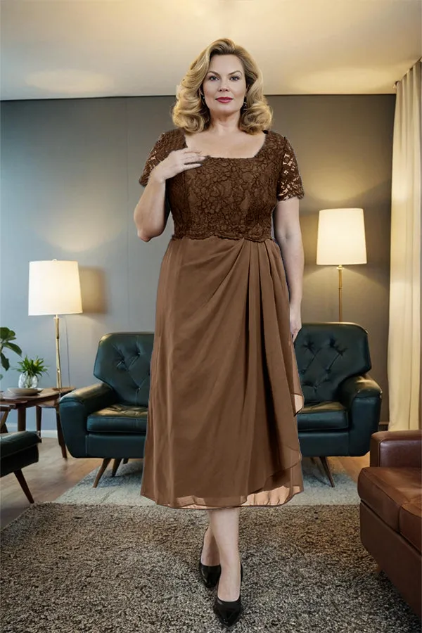 Classic Short Sleeves Ruched Tea Length Mother of the Bride Dress