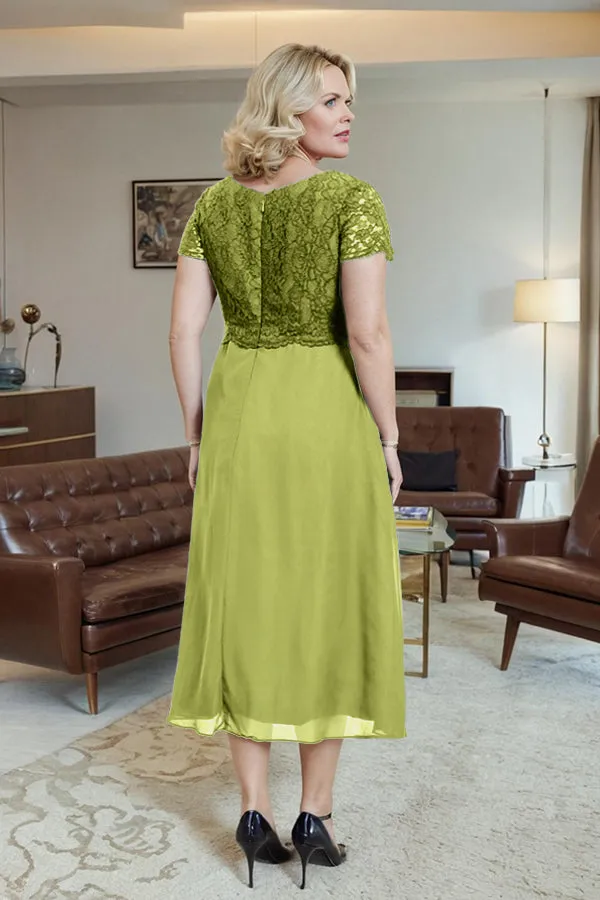 Classic Short Sleeves Ruched Tea Length Mother of the Bride Dress