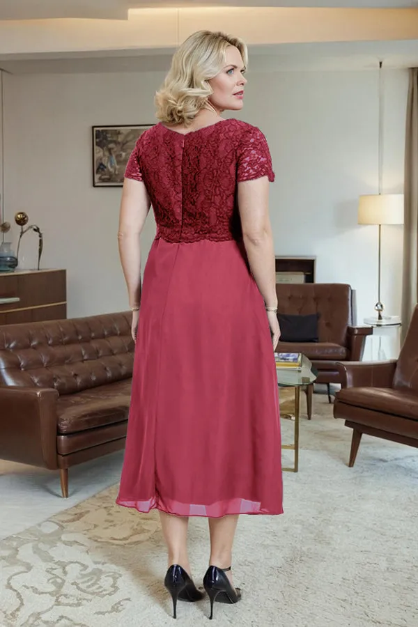 Classic Short Sleeves Ruched Tea Length Mother of the Bride Dress
