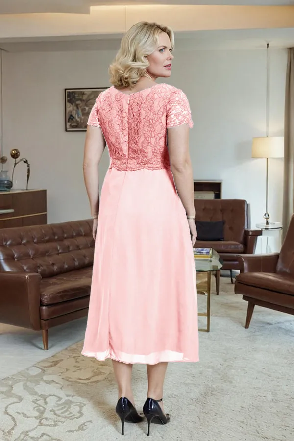 Classic Short Sleeves Ruched Tea Length Mother of the Bride Dress