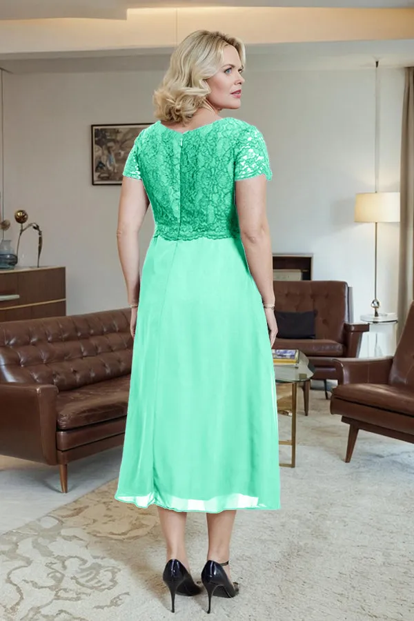Classic Short Sleeves Ruched Tea Length Mother of the Bride Dress