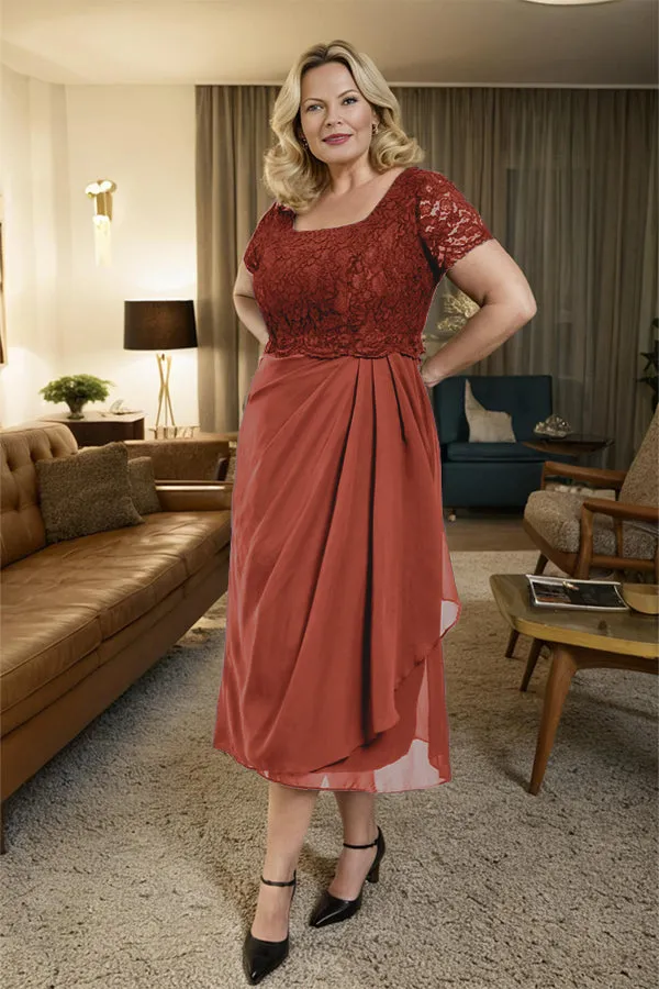 Classic Short Sleeves Ruched Tea Length Mother of the Bride Dress