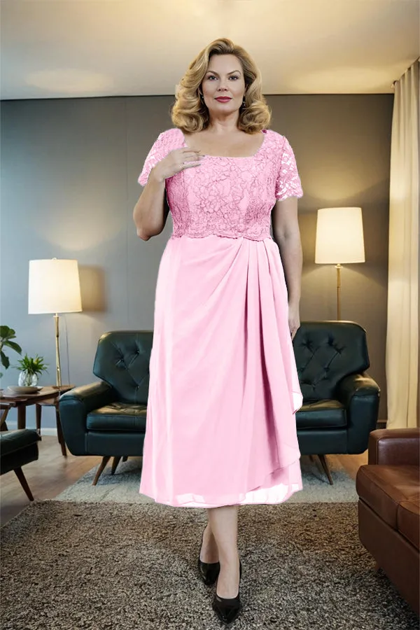 Classic Short Sleeves Ruched Tea Length Mother of the Bride Dress