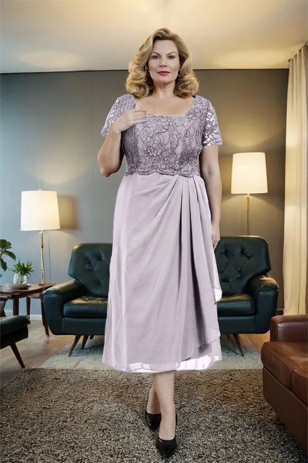 Classic Short Sleeves Ruched Tea Length Mother of the Bride Dress