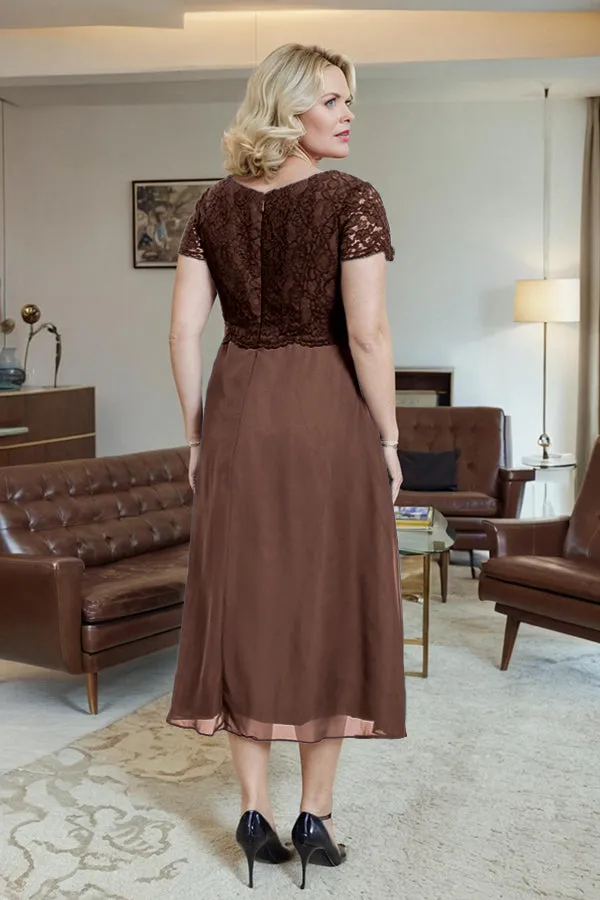 Classic Short Sleeves Ruched Tea Length Mother of the Bride Dress