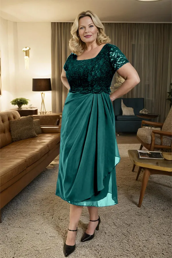 Classic Short Sleeves Ruched Tea Length Mother of the Bride Dress