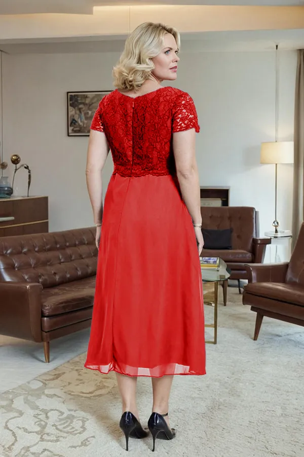 Classic Short Sleeves Ruched Tea Length Mother of the Bride Dress