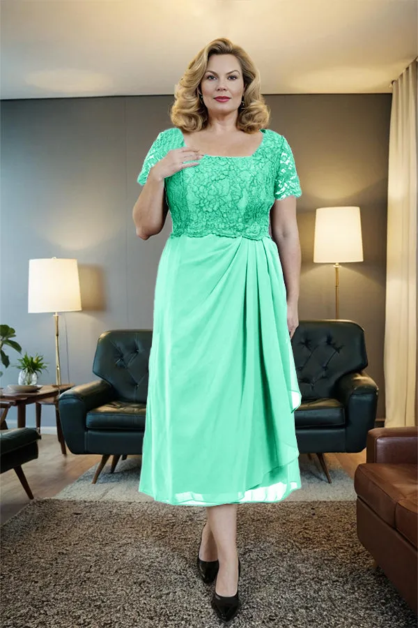 Classic Short Sleeves Ruched Tea Length Mother of the Bride Dress