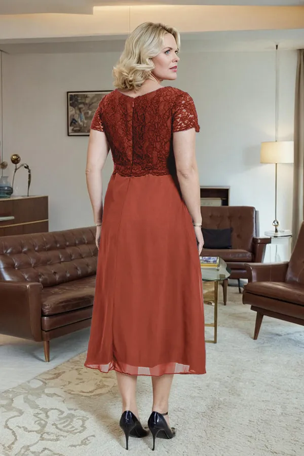 Classic Short Sleeves Ruched Tea Length Mother of the Bride Dress