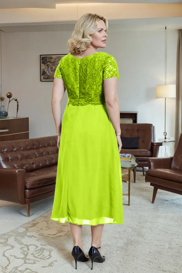 Classic Short Sleeves Ruched Tea Length Mother of the Bride Dress