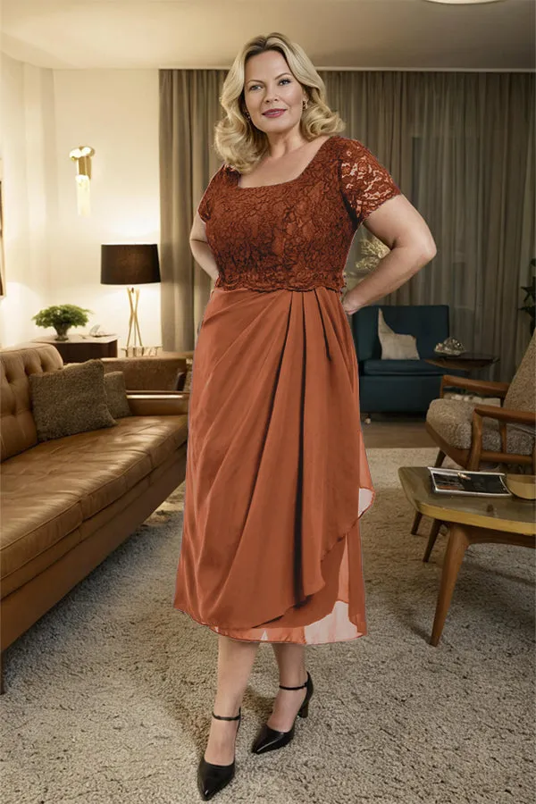 Classic Short Sleeves Ruched Tea Length Mother of the Bride Dress