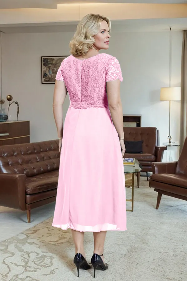 Classic Short Sleeves Ruched Tea Length Mother of the Bride Dress