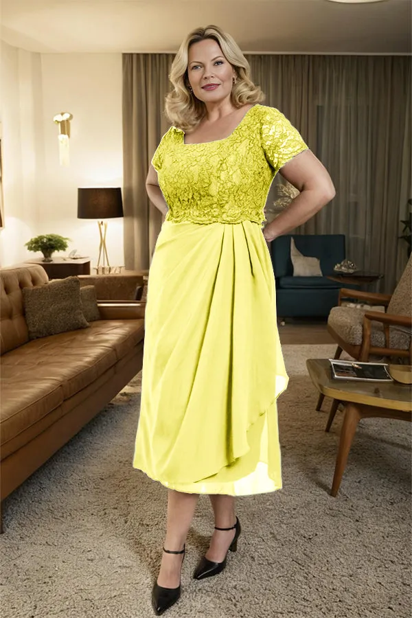 Classic Short Sleeves Ruched Tea Length Mother of the Bride Dress