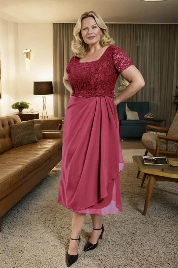Classic Short Sleeves Ruched Tea Length Mother of the Bride Dress