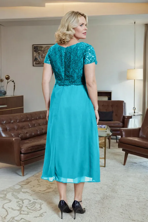 Classic Short Sleeves Ruched Tea Length Mother of the Bride Dress