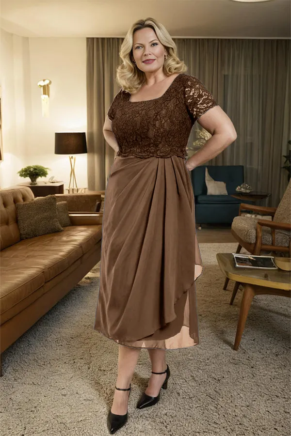 Classic Short Sleeves Ruched Tea Length Mother of the Bride Dress