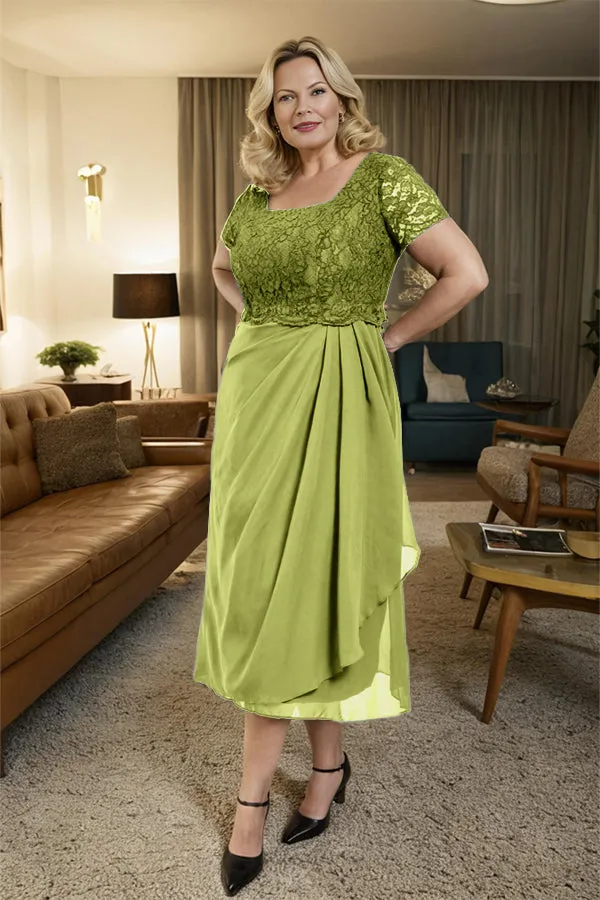 Classic Short Sleeves Ruched Tea Length Mother of the Bride Dress