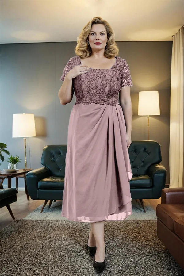 Classic Short Sleeves Ruched Tea Length Mother of the Bride Dress