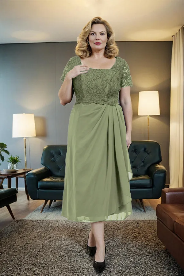 Classic Short Sleeves Ruched Tea Length Mother of the Bride Dress