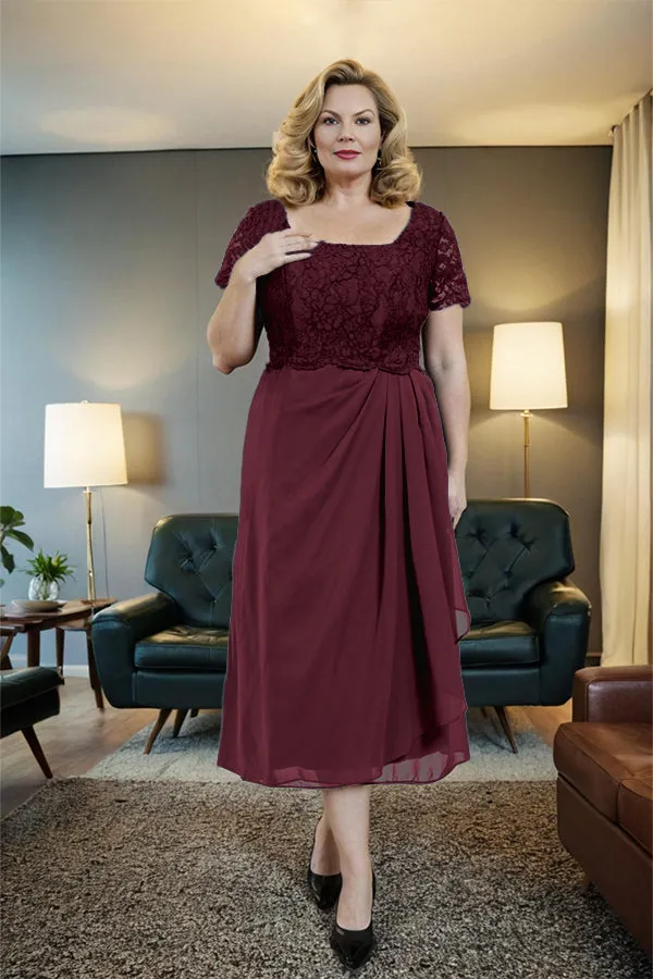Classic Short Sleeves Ruched Tea Length Mother of the Bride Dress