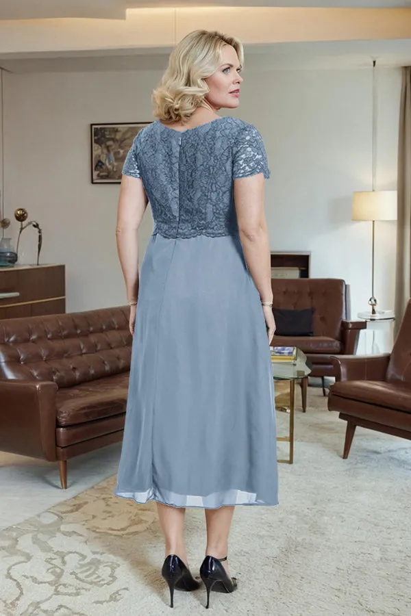 Classic Short Sleeves Ruched Tea Length Mother of the Bride Dress
