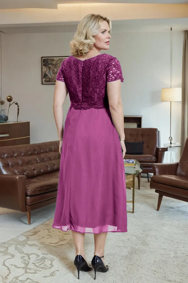 Classic Short Sleeves Ruched Tea Length Mother of the Bride Dress