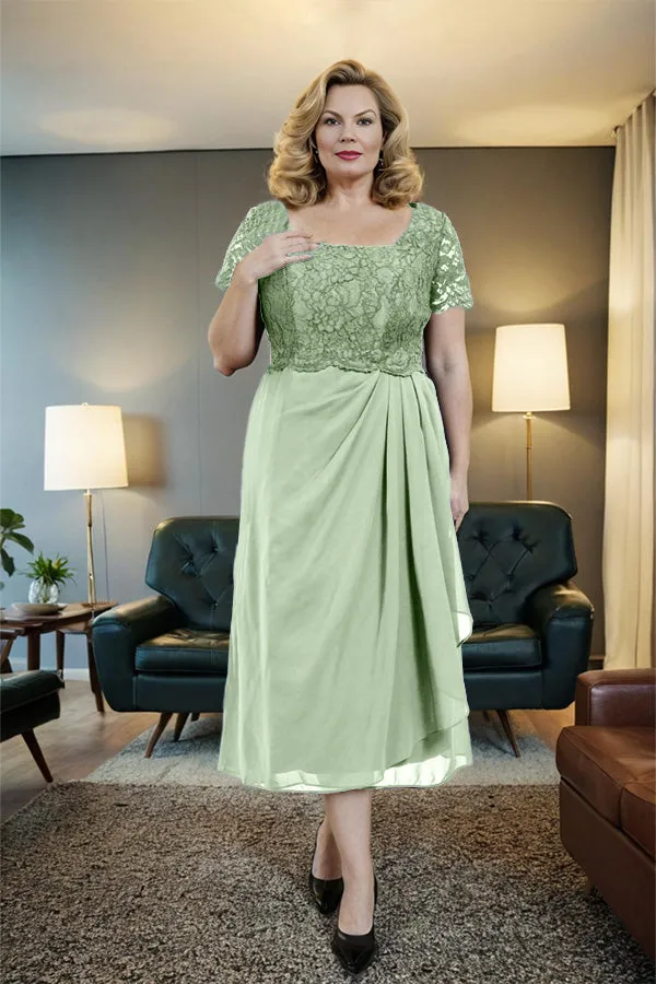 Classic Short Sleeves Ruched Tea Length Mother of the Bride Dress