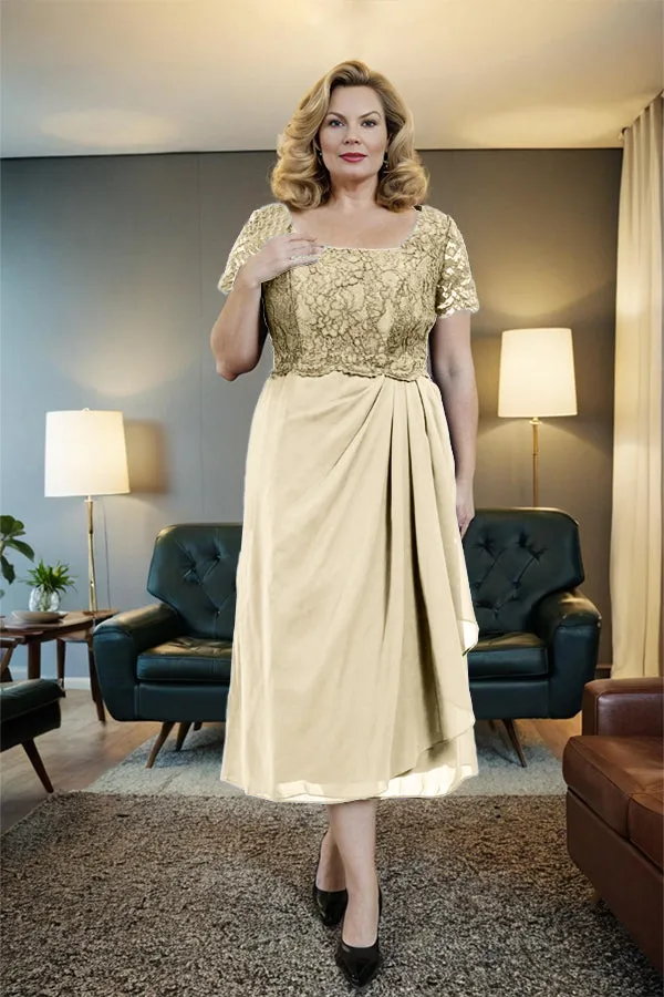 Classic Short Sleeves Ruched Tea Length Mother of the Bride Dress