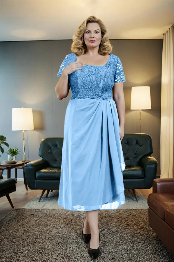 Classic Short Sleeves Ruched Tea Length Mother of the Bride Dress