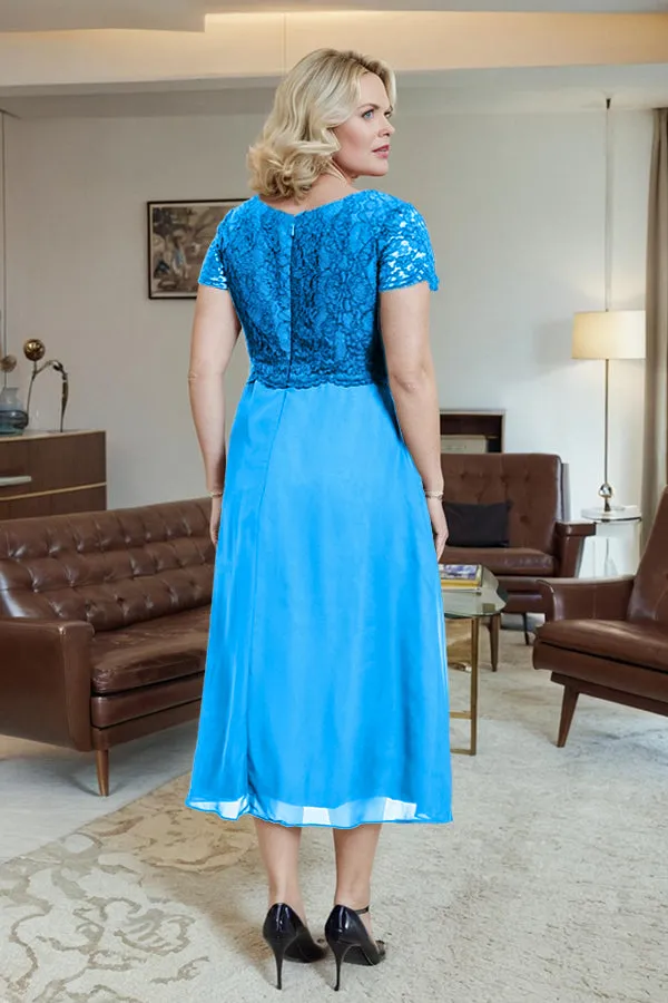 Classic Short Sleeves Ruched Tea Length Mother of the Bride Dress