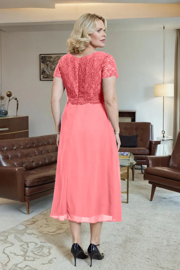 Classic Short Sleeves Ruched Tea Length Mother of the Bride Dress