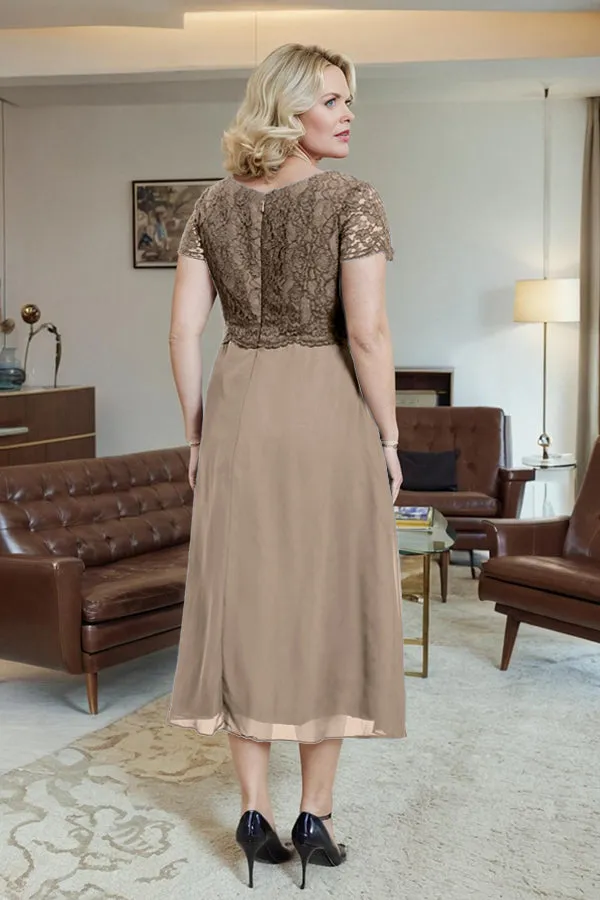 Classic Short Sleeves Ruched Tea Length Mother of the Bride Dress