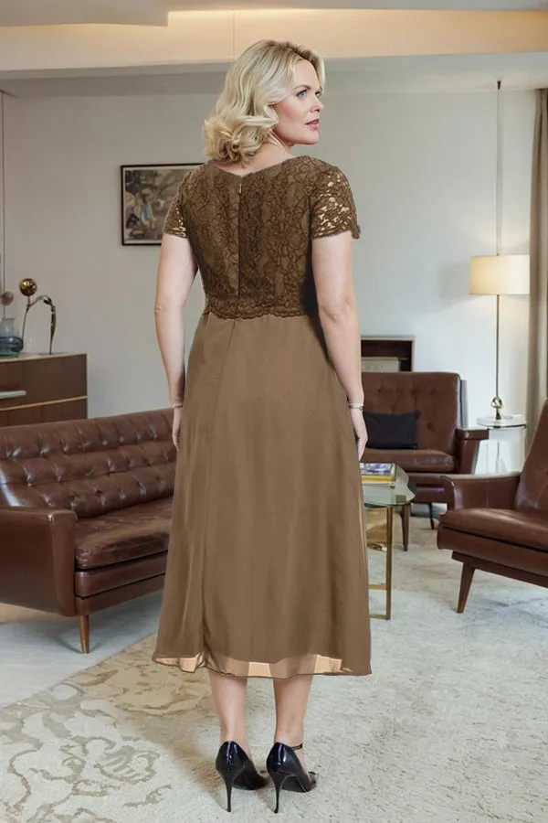 Classic Short Sleeves Ruched Tea Length Mother of the Bride Dress