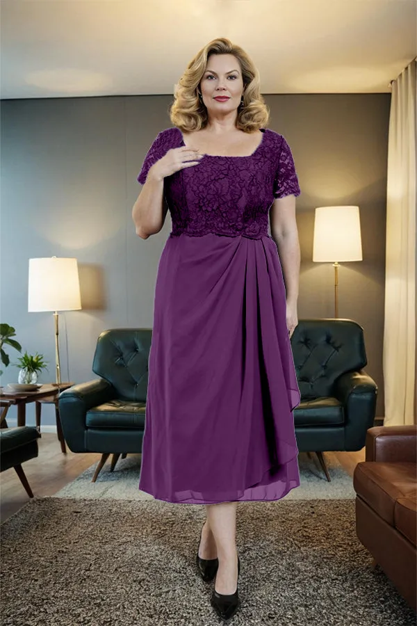 Classic Short Sleeves Ruched Tea Length Mother of the Bride Dress