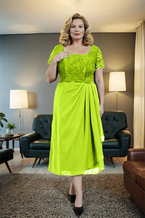 Classic Short Sleeves Ruched Tea Length Mother of the Bride Dress