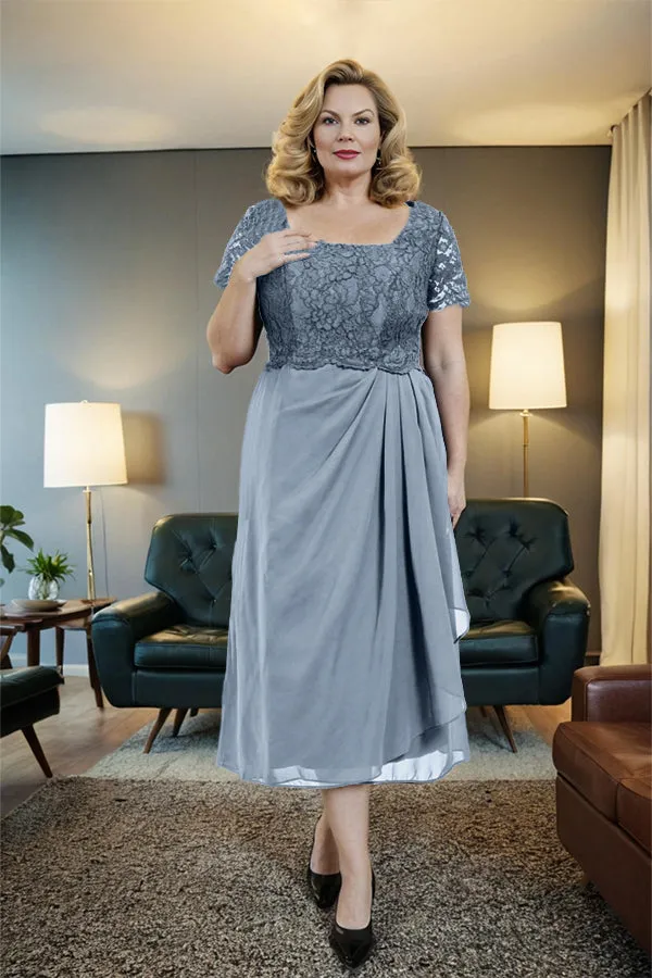 Classic Short Sleeves Ruched Tea Length Mother of the Bride Dress