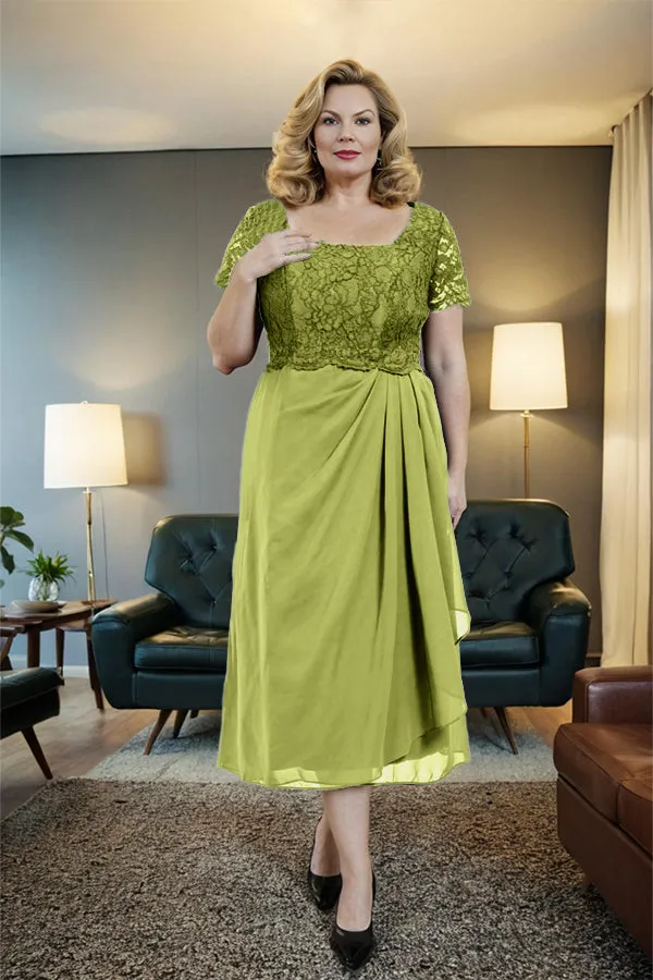 Classic Short Sleeves Ruched Tea Length Mother of the Bride Dress