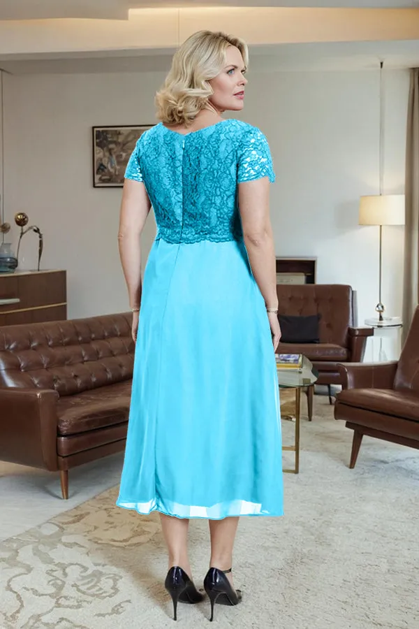 Classic Short Sleeves Ruched Tea Length Mother of the Bride Dress