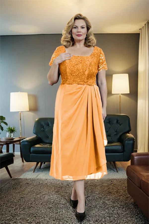 Classic Short Sleeves Ruched Tea Length Mother of the Bride Dress