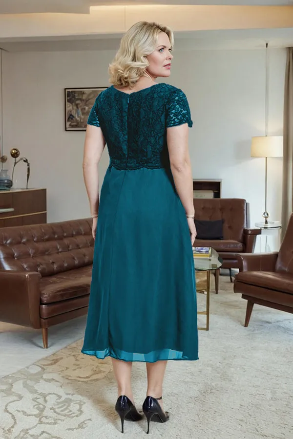 Classic Short Sleeves Ruched Tea Length Mother of the Bride Dress