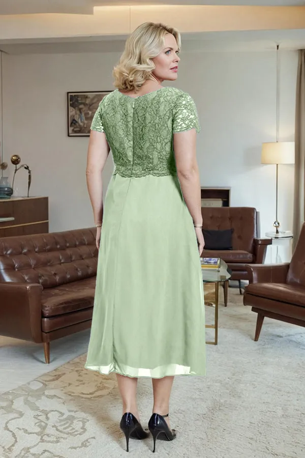 Classic Short Sleeves Ruched Tea Length Mother of the Bride Dress