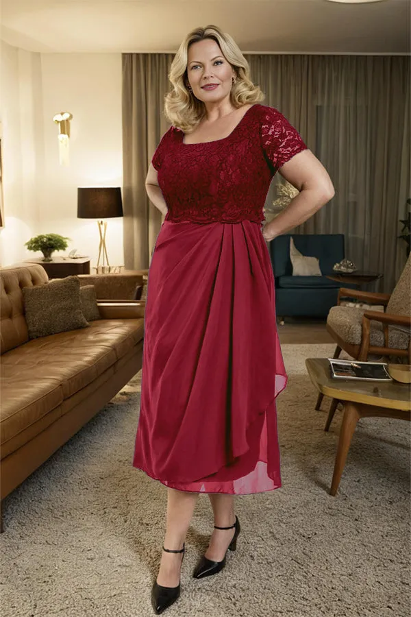 Classic Short Sleeves Ruched Tea Length Mother of the Bride Dress