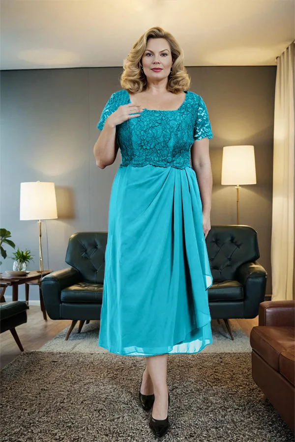 Classic Short Sleeves Ruched Tea Length Mother of the Bride Dress